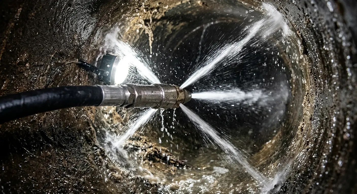 High-pressure hydro jetting nozzle cleaning sewer pipe for Emergency Drain Service in Winston-Salem