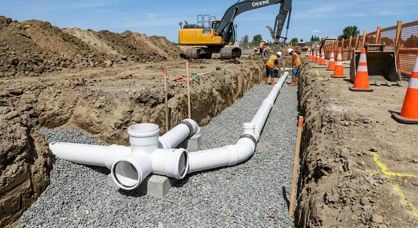New PVC sewer pipe installation in open trench for Commercial Drain Cleaning in Winston-Salem