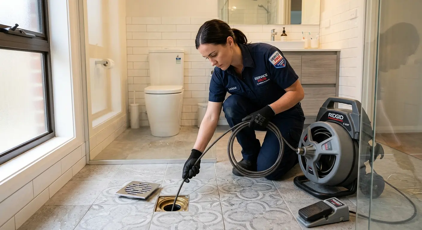 Technician clearing a bathroom floor drain for Hydro Jetting in Winston-Salem